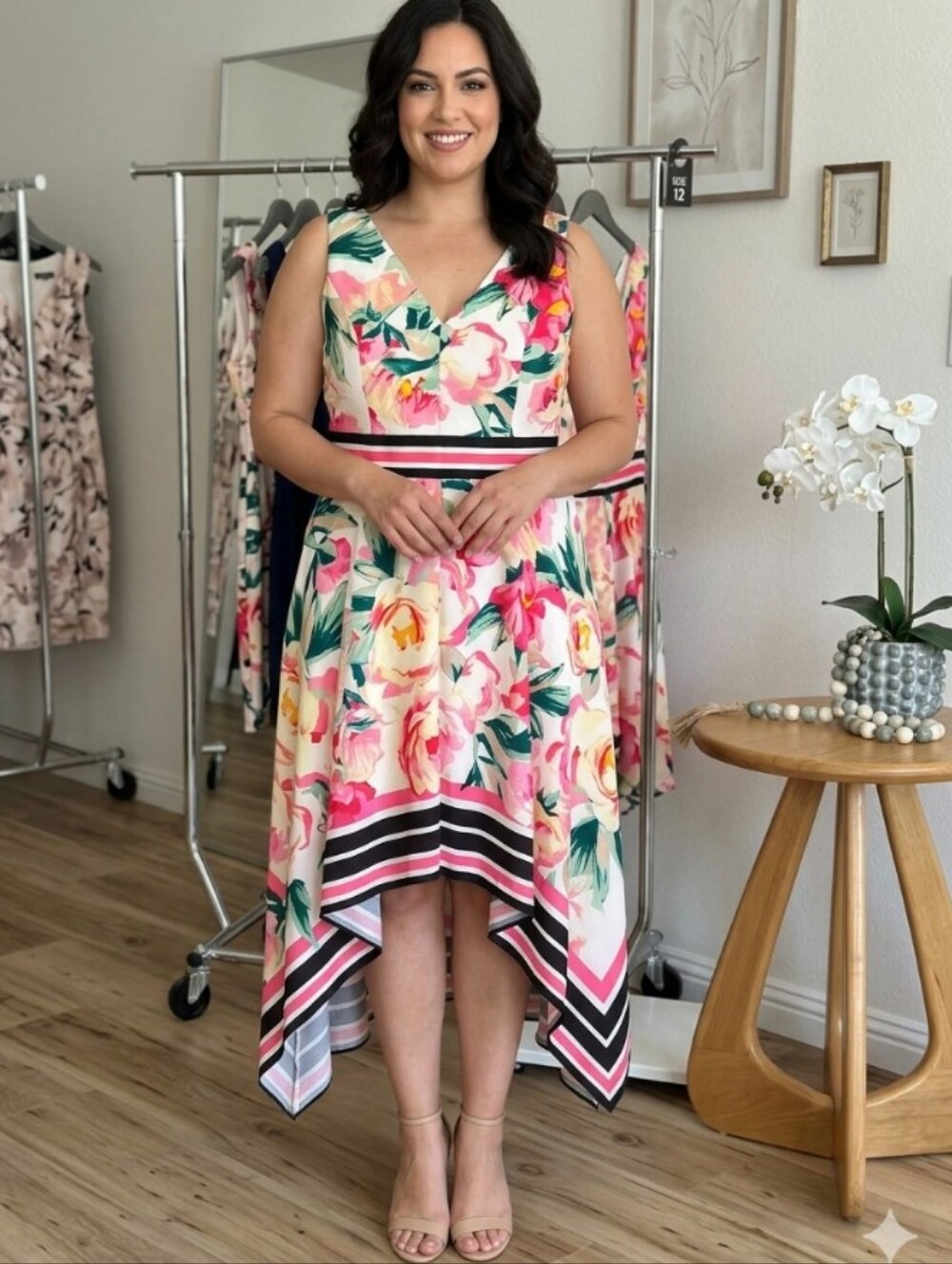 Inc Bnwt fresh Floral V-Neck Handkerchief Hem Dress in Pink, Green & Yellow